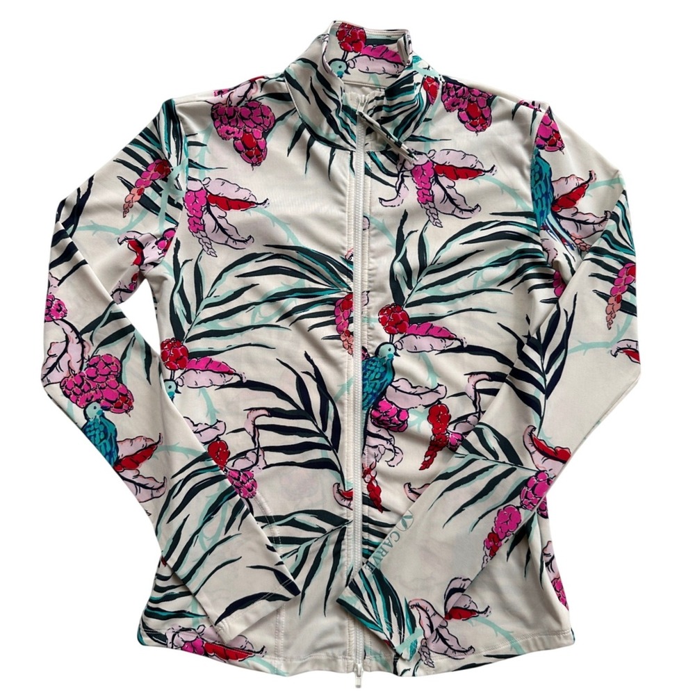 Carve Designs Rash Guard Women XS Cream Tropical Bird Floral Full Zip Excellent